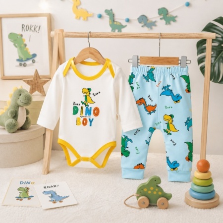 Compleu doua piese bebe baieti body si pantaloni cu dinozauri, 100% bumbac, multicolor - Img 2