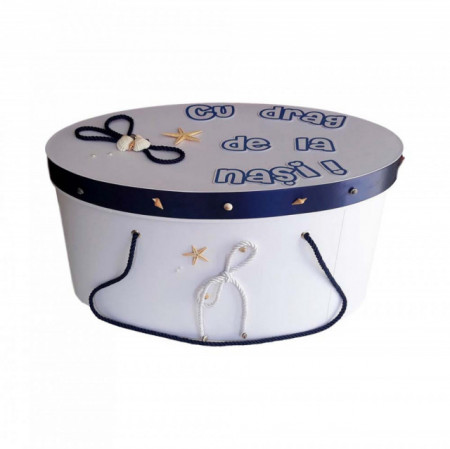 Cutie trusou botez personalizata, snur bleumarin si decor marin, Denikos® 226