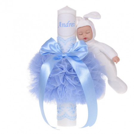 Lumanare botez cu iepuras, personalizata si trusou botez in landou, decor Bleu cu floricele, Denikos® 801 - Img 3