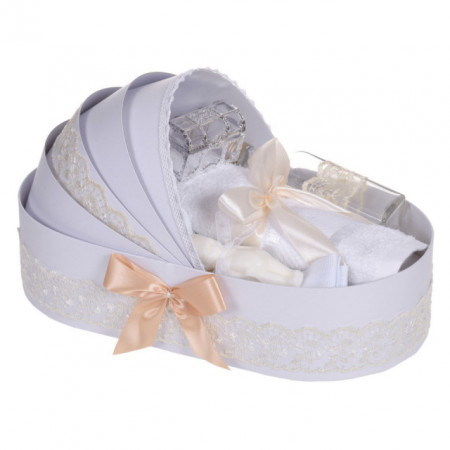 Lumanare botez cu iepuras pufos si trusou botez in landou, decor dantela Crem, Denikos® 860 - Img 3
