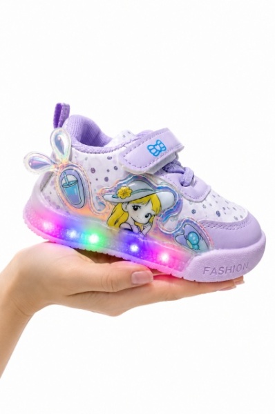 Pantofi sport cu luminite, Model Cocktail, Piele ecologica, Fete, Mov - Img 2