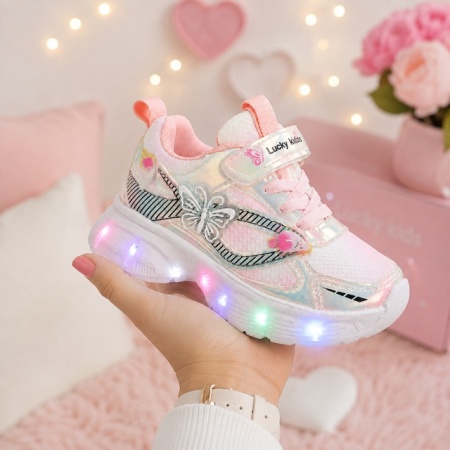 Pantofi sport cu luminite, Model Fluturas, Piele ecologica, Fete, Roz - Img 5