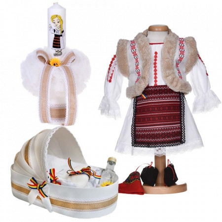 Set costum national fetita, trusou botez landou si lumanare, decor traditional, Denikos® 1051