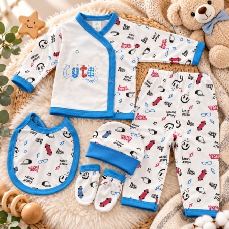 Set nou-născut băiețel 5 piese, alb cu albastru, imprimeu Cute Boy, bluză, pantaloni, căciuliță, bavetă și mănuși - Img 2