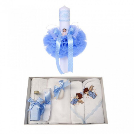 Trusou botez cu ingeras si lumanare pentru baietel, decor bleu, Denikos® 99