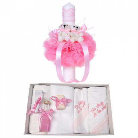 Trusou botez cu mesaj si lumanare pentru fetita, Ursuleti, decor roz, Denikos® 540