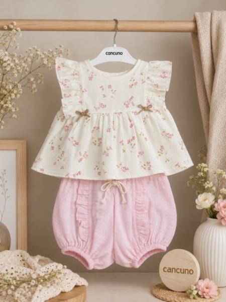 Compleu din doua piese din muselina, bumbac, BEBLY KIDS - Img 4