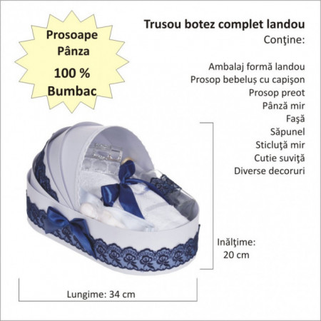Lumanare botez personalizata si trusou botez in landou, decor dantela Bleumarin, Denikos® 864 - Img 2