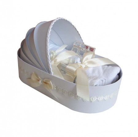 Lumanare botez personalizata si trusou botez in landou, decor Ivoire cu floricele, Denikos® 775 - Img 2