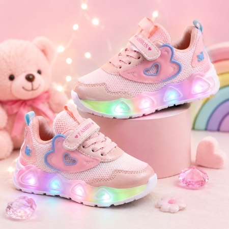 Pantofi sport cu lumini LED, Model Pink Heart, Textil, Fete, Roz - Img 2