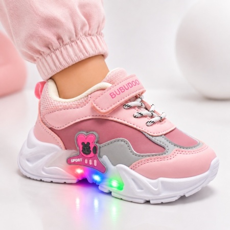 Pantofi sport cu luminite, Model Bubudoo, Piele ecologica, Fete, Roz - Img 3
