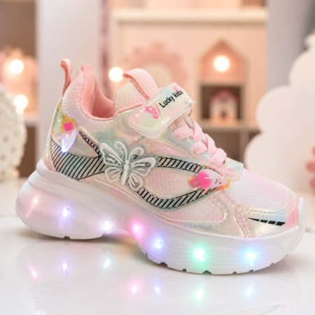 Pantofi sport cu luminite, Model Fluturas, Piele ecologica, Fete, Roz - Img 2