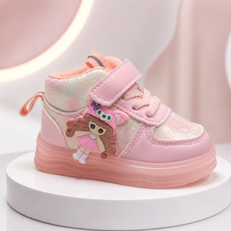 Pantofi sport inalti cu luminite, Model Papusa, Piele ecologica, Fete, Roz - Img 3