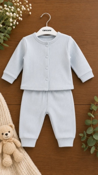Set bebelusi din 2 piese bumbac rib – Bluza cu capse si pantaloni, culoare gri - Img 2