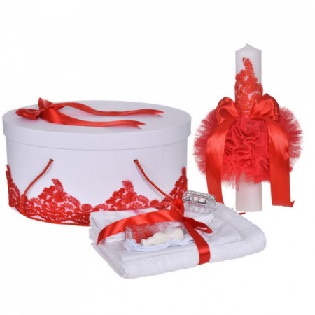 Set elegant trusou botez, cutie trusou si lumanare, decor dantela Rosie diafana, Denikos® 955