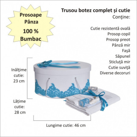 Set elegant trusou botez, cutie trusou si lumanare personalizata cu nume, decor dantela Turcoaz cu iepuras, Denikos® 951 - Img 4
