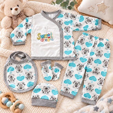 Set nou-născut băiețel 5 piese, alb cu turcoaz și gri, imprimeu ursuleți, bluză, pantaloni, căciuliță, bavetă și mănuși - Img 3