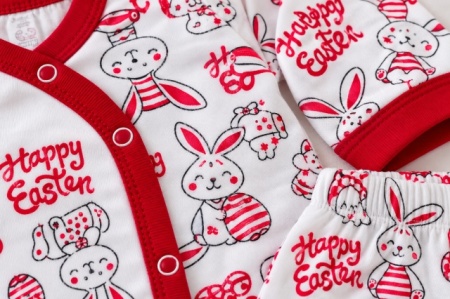 Set nou-născut bebe 5 piese, alb cu roșu, imprimeu iepurași, bluză, pantaloni, căciuliță, bavetă și mănuși - Img 4