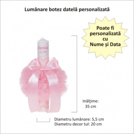 Set trusou botez, cutie trusou si lumanare personalizata cu nume, decor Roz, Denikos® 899 - Img 2