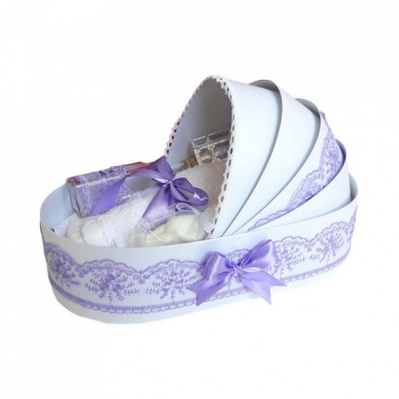 Trusou botez complet, in landou, decor elegant cu dantela lila Denikos® 143