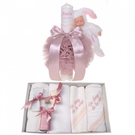 Trusou botez cu mesaj si lumanare botez personalizata, decor roz pudra cu iepuras, Denikos® 793