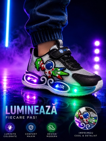 Adidasi cu lumini LED pentru baieti, Cosmonaut, Piele ecologica, Multicolor - Img 3