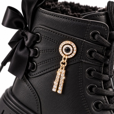 Bocanci negri de fetițe, cu fundițe și accesoriu tip bijuterie, Model Amelie, Negru - Img 3