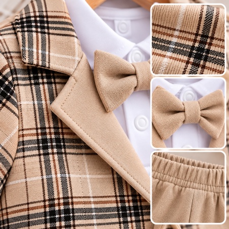 Costum bebeluși băieți 3 piese crem cu sacou în carouri, pantaloni și papion din bumbac moale, Superbebe Shop - Img 3