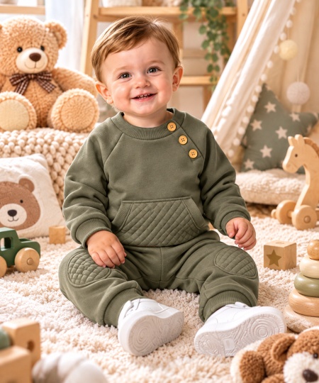 Costum vatuit bebeluși băieți 2 piese verde bumbac moale cu hanorac și pantaloni cu genunchere (2) - Img 2
