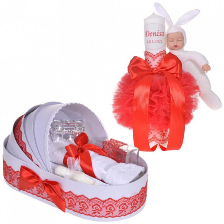 Lumanare botez cu iepuras, personalizata si trusou botez in landou, decor dantela Rosie, Denikos® 874