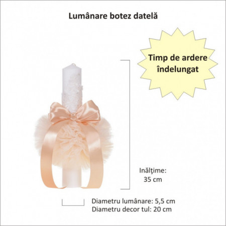 Lumanare botez eleganta cu tul, dantela si fundita, decor crem / ivoire, Denikos® 711 - Img 2
