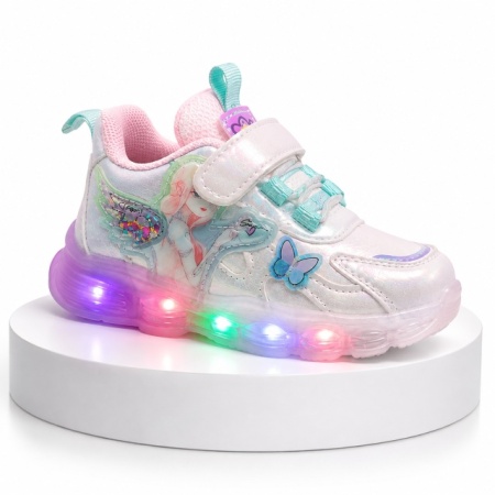 Pantofi sport cu luminite, Model cu fluturas si zana, Piele ecologica, Fete, Alb - Img 2
