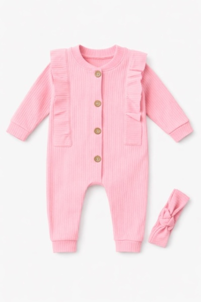 Salopeta bebe fetite bumbac rib cu volanase si bentita set roz - Img 2