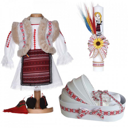 Set costum national fata, trusou botez landou si lumanare, decor traditional, Denikos® C9273