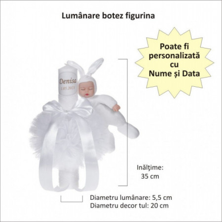Set elegant trusou botez, cutie trusou si lumanare personalizata cu nume, decor dantela Alba cu iepuras, Denikos® 952 - Img 2