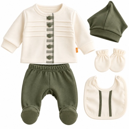 Set nou-născut băiețel 5 piese, verde kaki și crem, 100% bumbac, bluză, pantaloni cu botoșei, căciuliță, bavetă și mănuși, 0-6 luni - Img 2