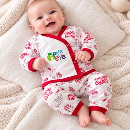 Set nou-născut bebe 5 piese, alb cu roșu, imprimeu iepurași, bluză, pantaloni, căciuliță, bavetă și mănuși - Img 2