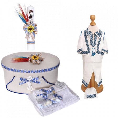Set traditional, trusou botez, cutie trusou, lumanare si costum popular baietel, Denikos® C9090