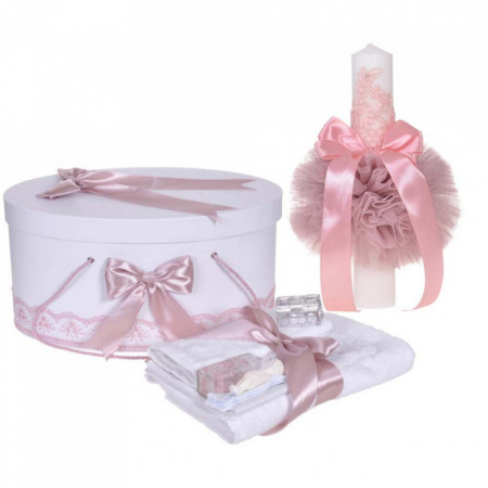 Set trusou botez, cutie trusou si lumanare, decor elegant dantela Roz pudra, Denikos® 920