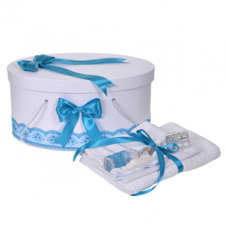 Set trusou botez, cutie trusou si lumanare iepuras pufos, dantela si fundite, decor Turcoaz, Denikos® 897 - Img 3