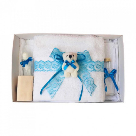 Trusou botez cu ursulet si lumanare glob, dantela si ursuleti, decor Turcoaz, Denikos® 607 - Img 2