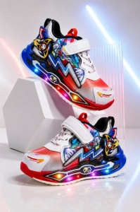 Adidasi cu lumini LED, Model Super Erou, Baieti, Piele ecologica, cu elemente 3D, Multicolori