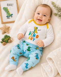 Compleu doua piese bebe baieti body si pantaloni cu dinozauri, 100% bumbac, multicolor