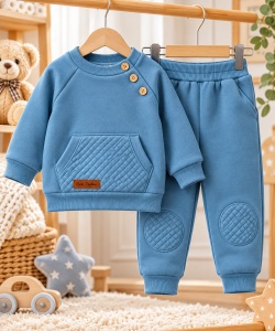 Costum vatuit bebeluși băieți 2 piese albastru bumbac moale cu hanorac și pantaloni cu genunchere - Img 2
