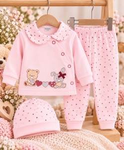 Costumas bumbac bebelusi 3 piese roz cu buline si imprimeu ursulet si iepure set complet cu bluza maneca lunga, pantaloni si caciulita - Img 2