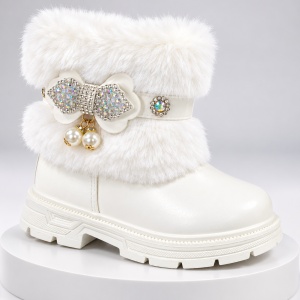 Ghete albe cu blanita accesorizata cu strasuri si perlute, Fetite, Piele ecologica, Model Elegance