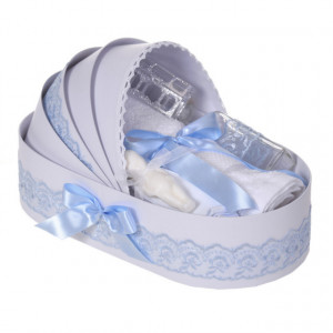Lumanare botez cu iepuras pufos si trusou botez in landou, decor dantela Bleu, Denikos® 859 - Img 3
