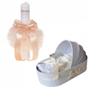 Lumanare botez personalizata si trusou botez in landou, decor Ivoire cu floricele, Denikos® 775