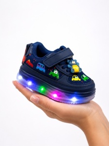 Pantofi sport cu lumini LED, Model Masinute, piele ecologica si textil, Baieti, Bleumarin