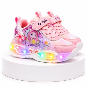 Pantofi sport cu lumini LED, Model Papusica cu invartitoare, Piele ecologica, Fete, Roz - Img 3